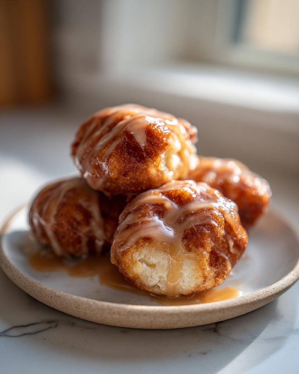 Close-up of several golden brown baked apple fritters drizzled with a thick, sweet glaze, piled on a small plate.