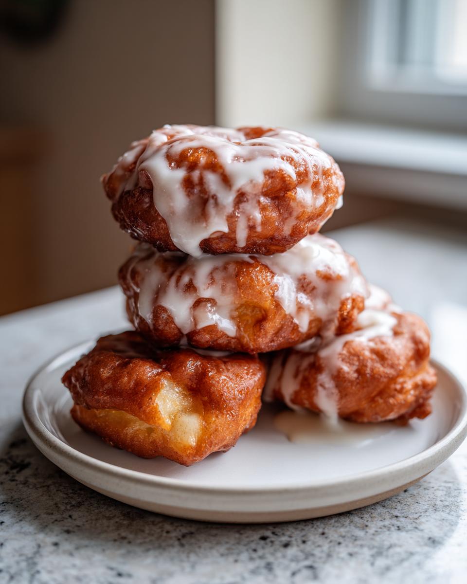 A stack of three golden brown, glazed baked apple fritters resting on a small white plate.