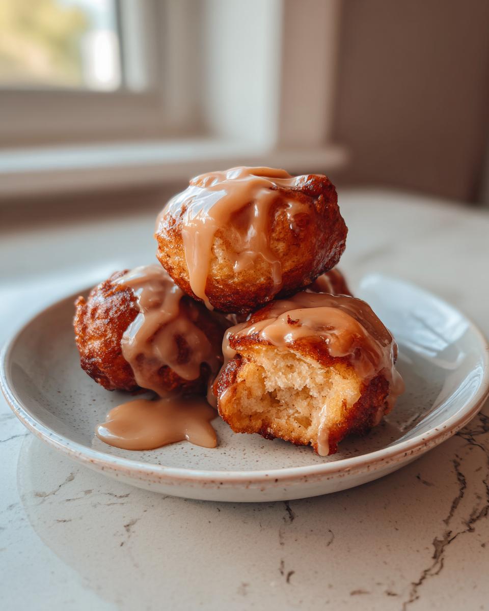 A stack of three golden brown baked apple fritters generously drizzled with caramel glaze, one is broken open.
