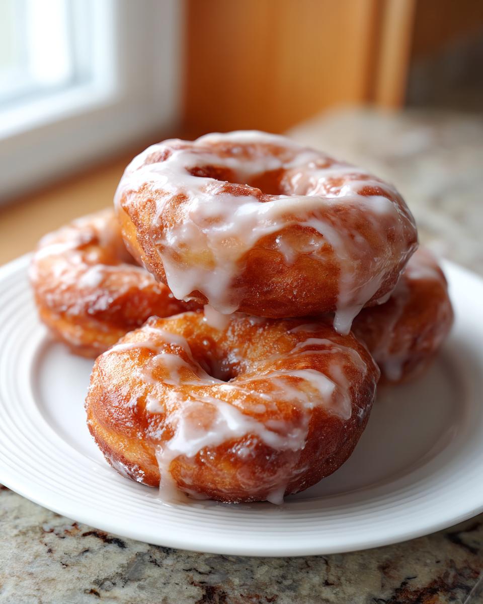A stack of golden brown, freshly glazed baked apple fritters sitting on a white plate.