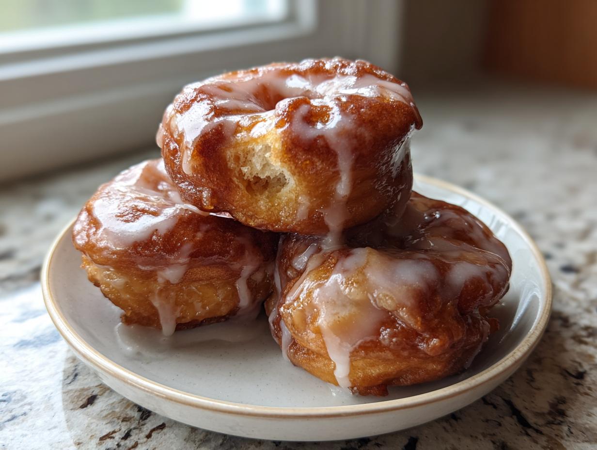 Three golden brown baked apple fritters stacked on a small plate, drizzled with thick white glaze.
