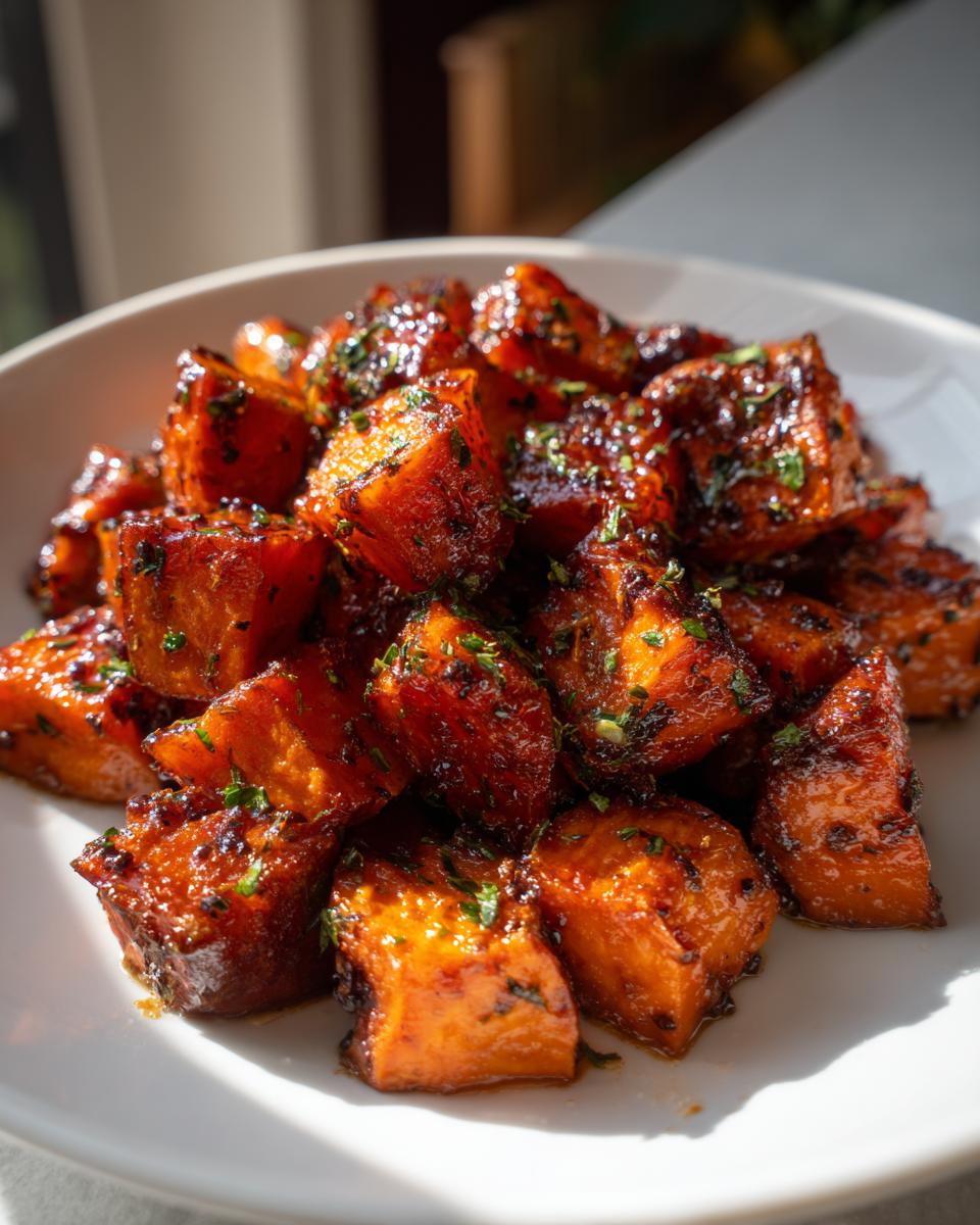 Close-up of glazed, roasted sweet potatoes cubes sprinkled with fresh green herbs.