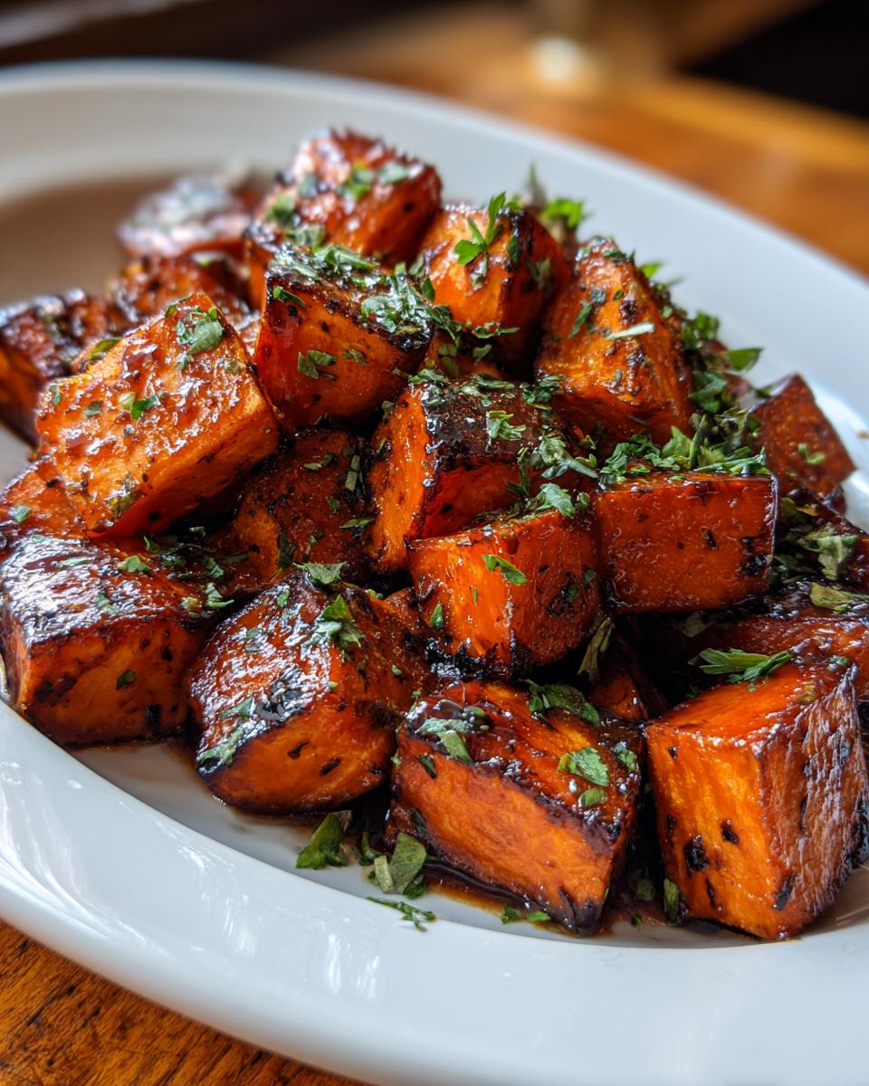 Close-up of glossy, caramelized sweet potatoes cubes sprinkled with fresh parsley, a delicious side dish.
