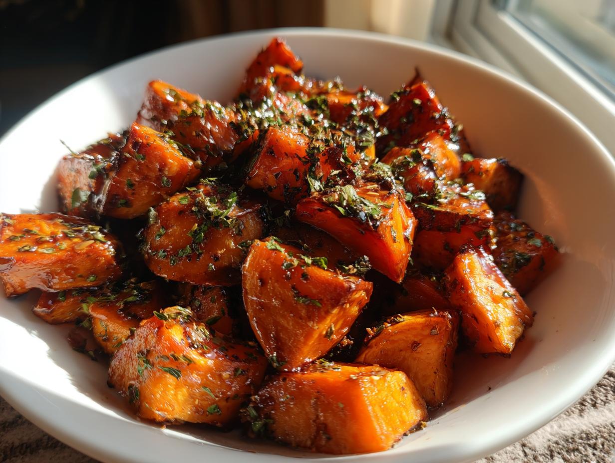 Close-up of glazed, roasted sweet potatoes cubes topped with fresh green herbs in a white bowl.