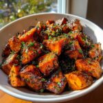 Close-up of caramelized, glazed sweet potatoes cubes sprinkled with fresh parsley.