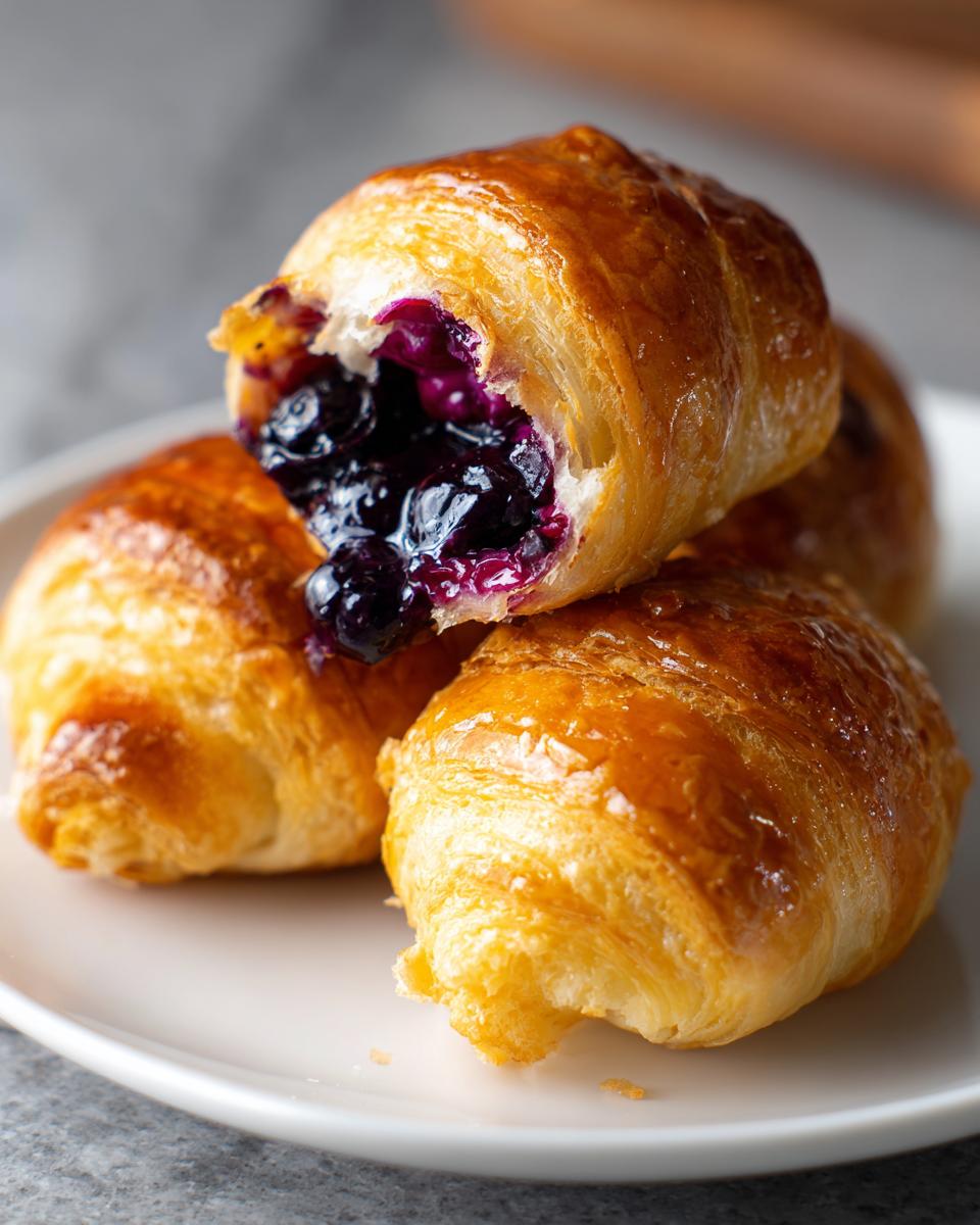 Close-up of golden, flaky pastries filled with rich blueberry filling, showcasing the amazing Blueberry Pie Bombs.