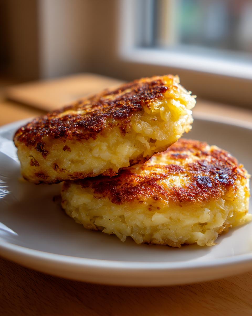 Two golden brown, pan-fried mashed potato cakes stacked on a white plate, showing crispy edges.
