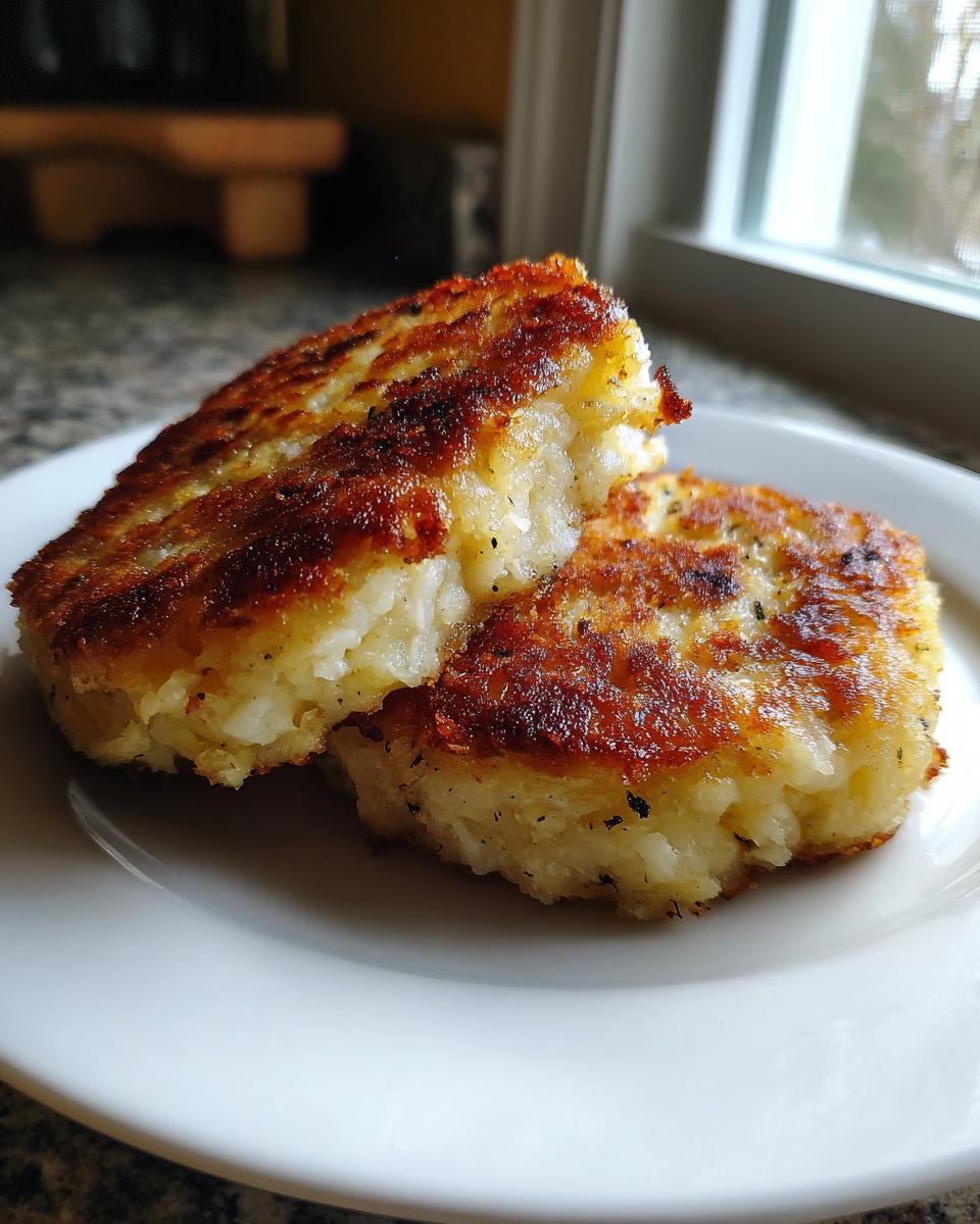 Two perfectly pan-fried mashed potato cakes with a crispy, browned exterior stacked on a white plate.