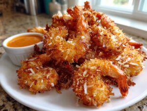 A close-up of a pile of golden brown, crispy coconut shrimp served on a white plate next to a small bowl of orange dipping sauce.