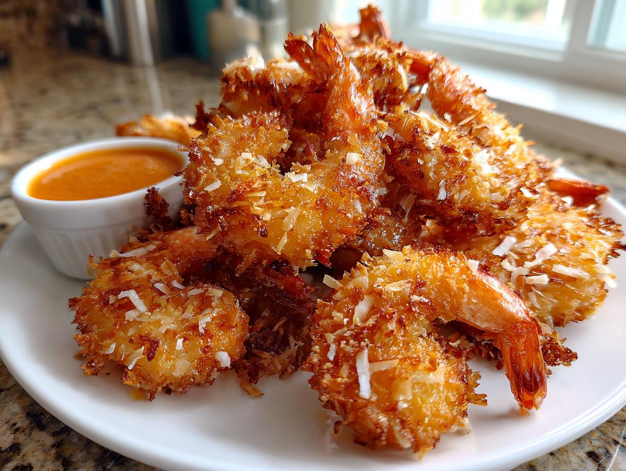 A close-up of a pile of golden brown, crispy coconut shrimp served on a white plate next to a small bowl of orange dipping sauce.