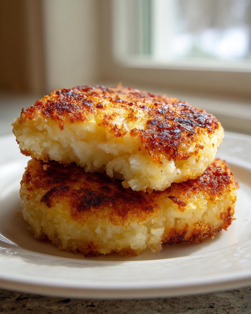 Two perfectly pan-fried mashed potato cakes stacked, showing a crispy golden-brown exterior.