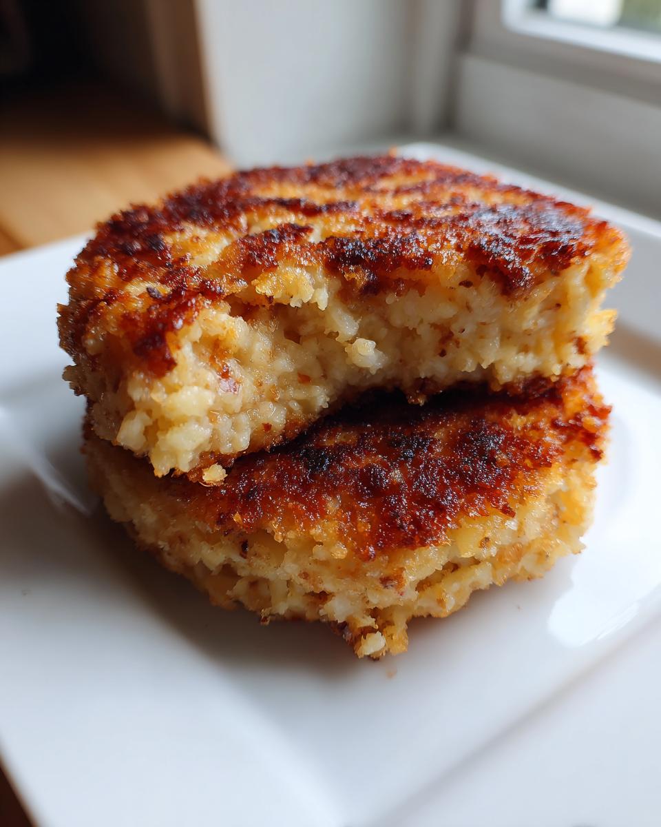 Two perfectly pan-fried mashed potato cakes stacked, showing a crispy, golden-brown exterior and fluffy interior.