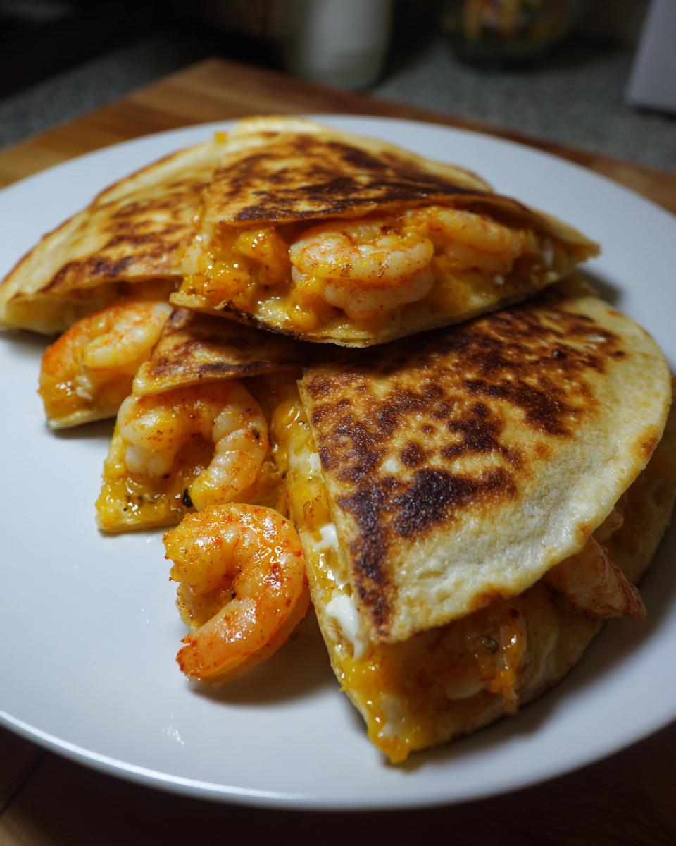 Close-up of golden brown shrimp quesadilla wedges filled with melted cheese and seasoned shrimp.