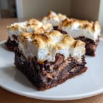 Close-up of fudgy hot chocolate brownies topped with thick, toasted marshmallow meringue.