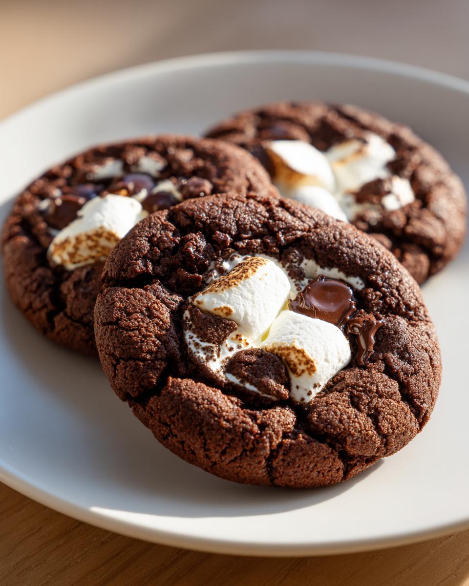 Three freshly baked, dark chocolate hot chocolate cookies topped with toasted marshmallows and melted chocolate chips on a light plate.