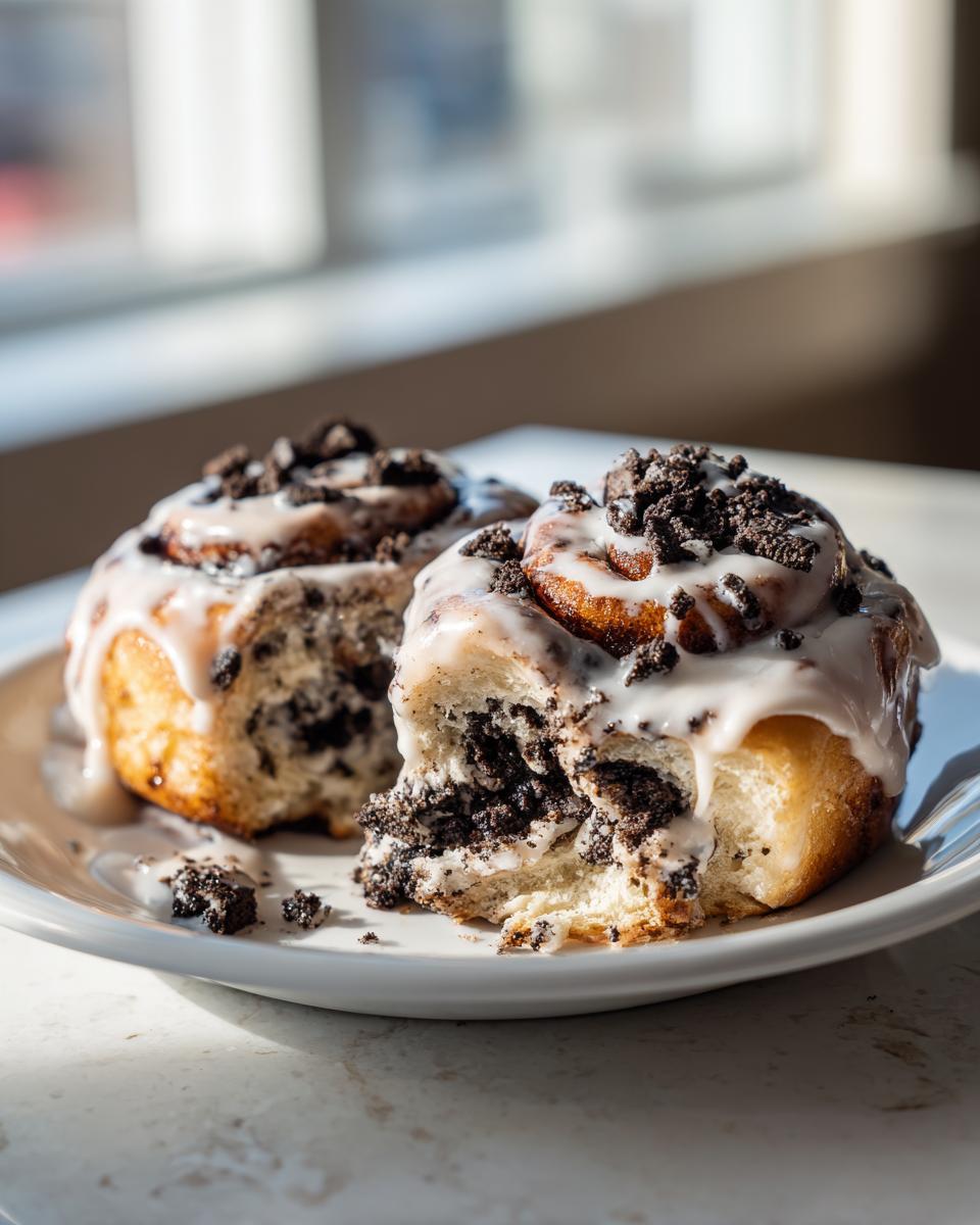 Two gooey oreo cinnamon rolls, one broken open to show the filling, covered in white icing and cookie crumbs.