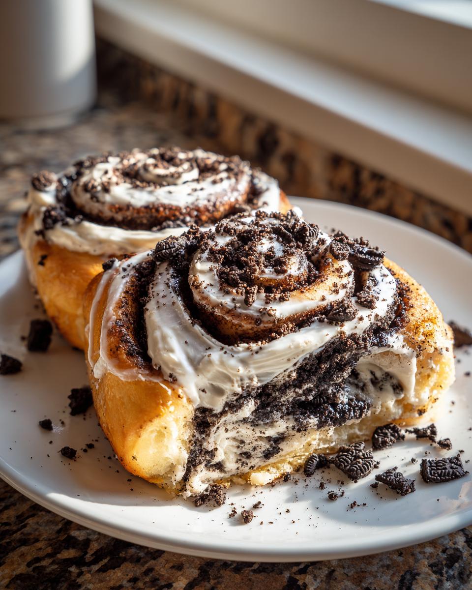 Two gooey oreo cinnamon rolls topped with white frosting and crushed chocolate cookies on a white plate.