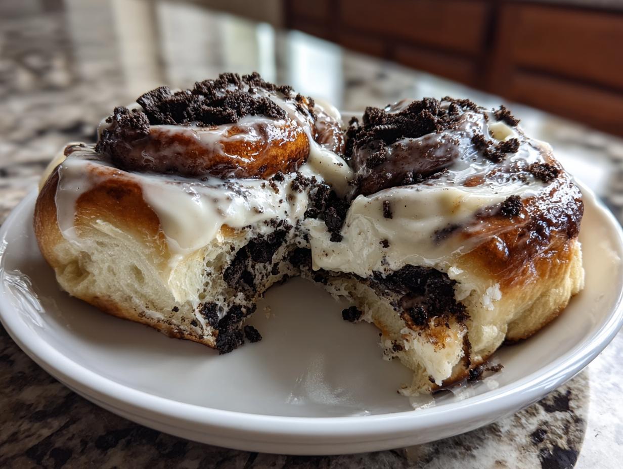 Close-up of two gooey oreo cinnamon rolls, cut open to show the filling and topped with white frosting and cookie crumbs.