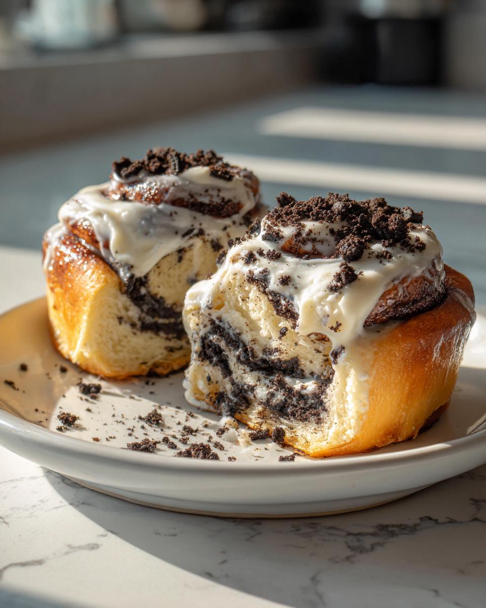 Two gooey oreo cinnamon rolls covered in white icing and crushed cookie crumbs on a plate.