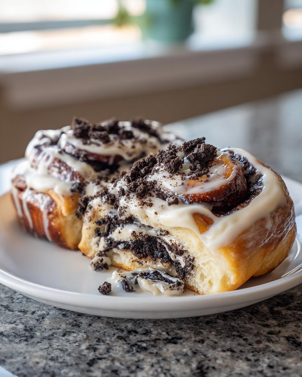 Two gooey oreo cinnamon rolls covered in white icing and crushed chocolate cookies on a white plate.