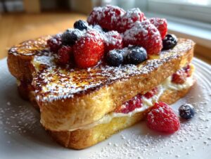 Close-up of thick, golden stuffed french toast layered with cream cheese and fresh berries, dusted heavily with powdered sugar.