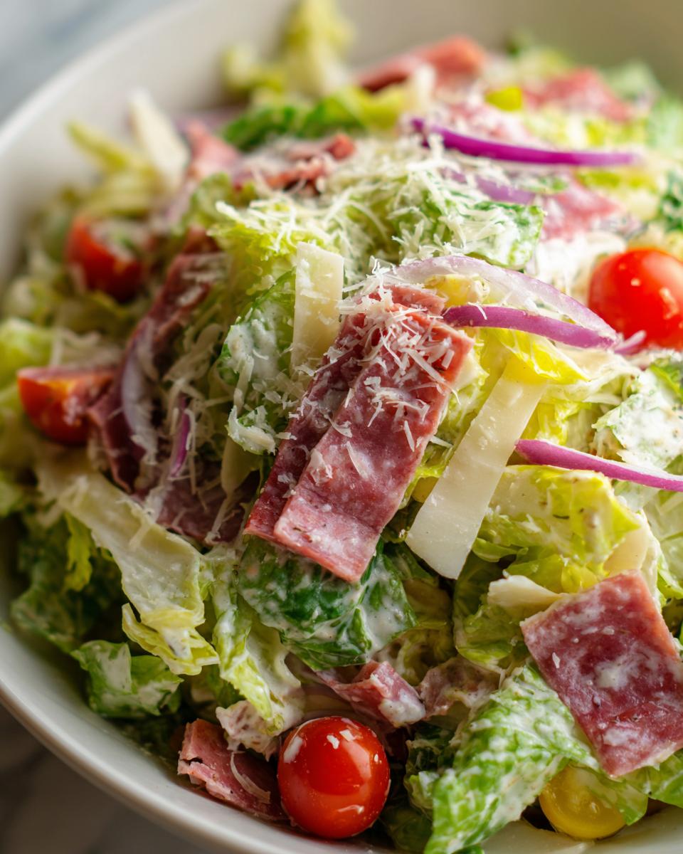 Close-up view of a vibrant grinder salad featuring romaine lettuce, salami, cheese shavings, red onion, and cherry tomatoes.