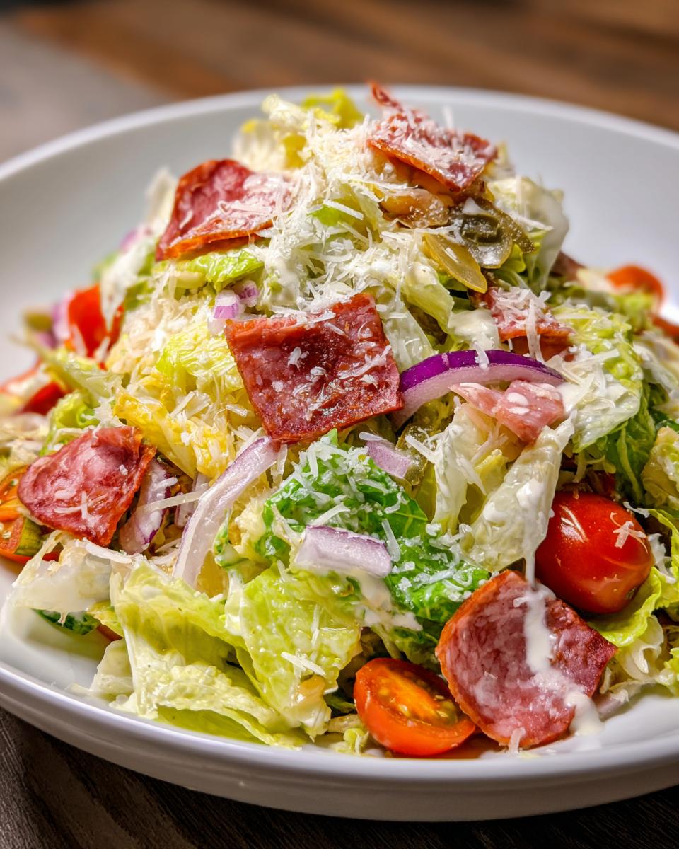 A close-up of a vibrant grinder salad featuring chopped lettuce, salami pieces, red onion, cherry tomatoes, and grated Parmesan cheese.