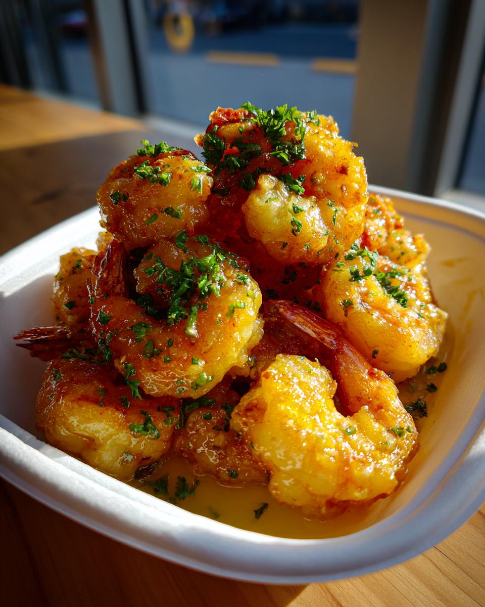 Close-up of golden, saucy Hawaiian garlic shrimp piled high in a white bowl, topped with fresh parsley.