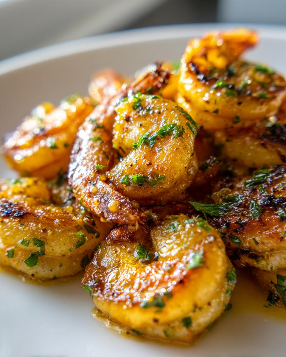 Close-up of succulent, golden-brown Hawaiian garlic shrimp glistening with butter sauce and topped with chopped green parsley.