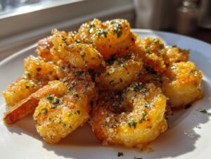 Close-up of glistening, golden Hawaiian garlic shrimp coated in garlic bits and fresh parsley on a white plate.