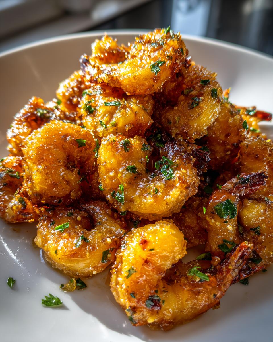 Close-up of a mound of glistening, golden Hawaiian garlic shrimp, garnished with chopped parsley.