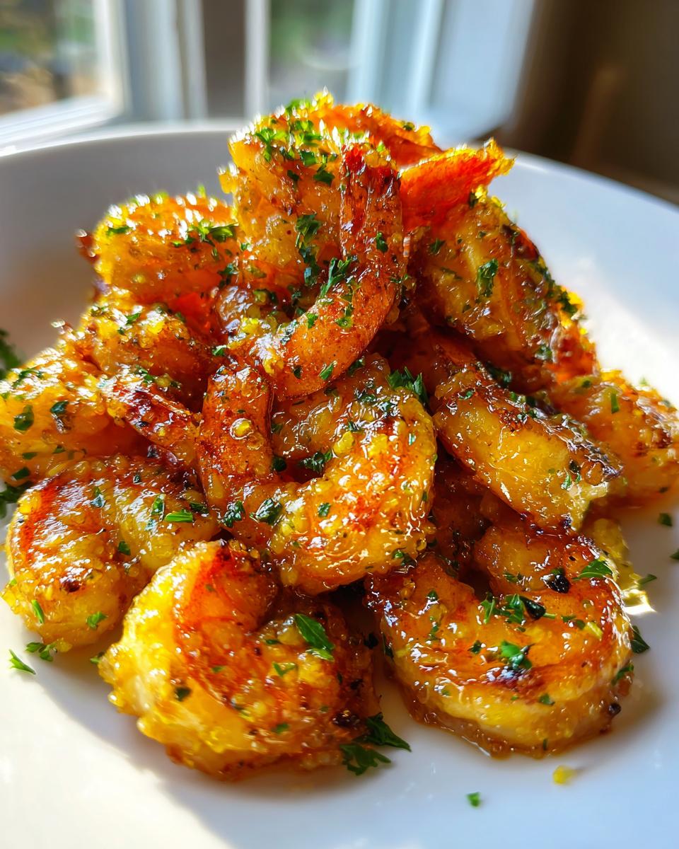 Close-up of glistening, perfectly cooked Hawaiian garlic shrimp piled on a white plate, topped with fresh chopped parsley.
