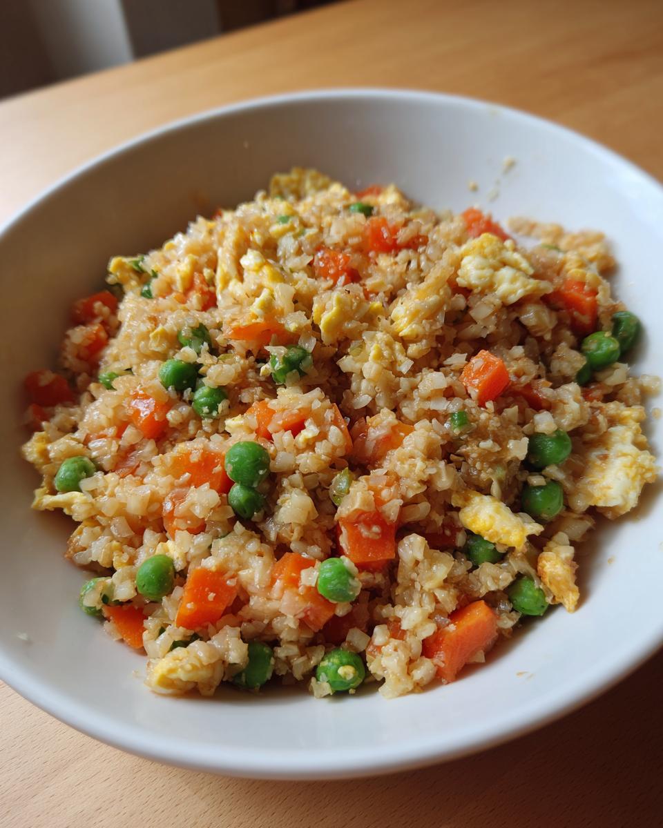 Close-up of a white bowl filled with healthy cauliflower fried rice mixed with bright green peas and diced orange carrots.