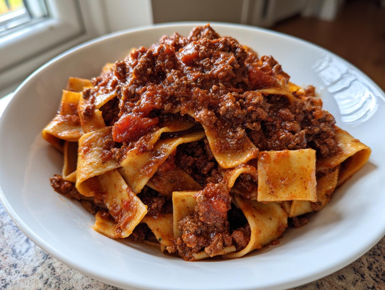 Close-up of wide pappardelle pasta generously topped with rich, hearty bolognese sauce in a white bowl.