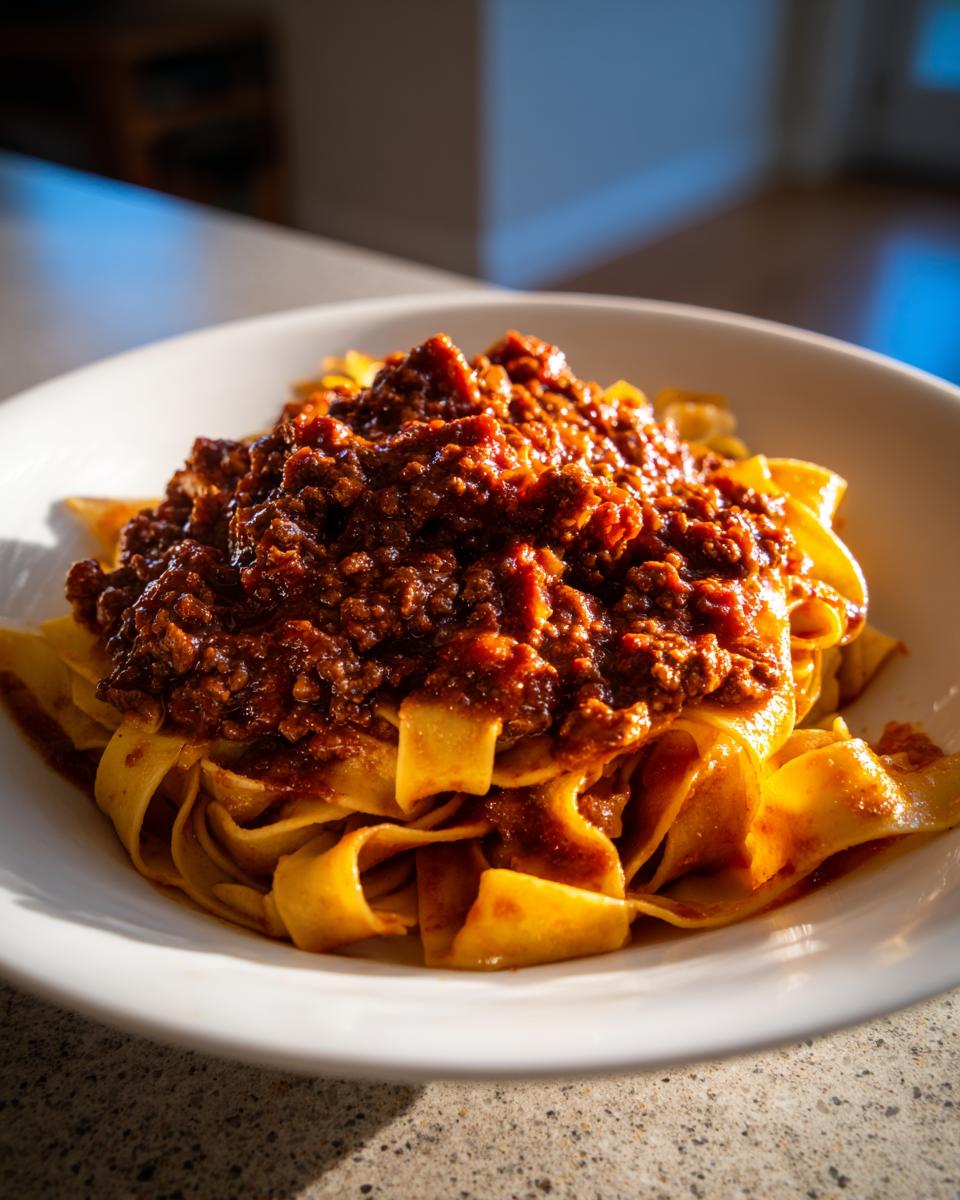 Close-up of rich, hearty bolognese sauce generously spooned over wide, fresh tagliatelle pasta in a white bowl.
