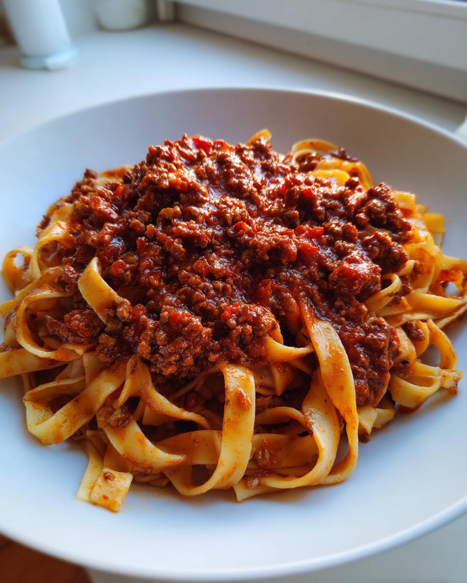 Close-up of rich, meaty bolognese sauce generously spooned over a bed of fresh tagliatelle pasta.