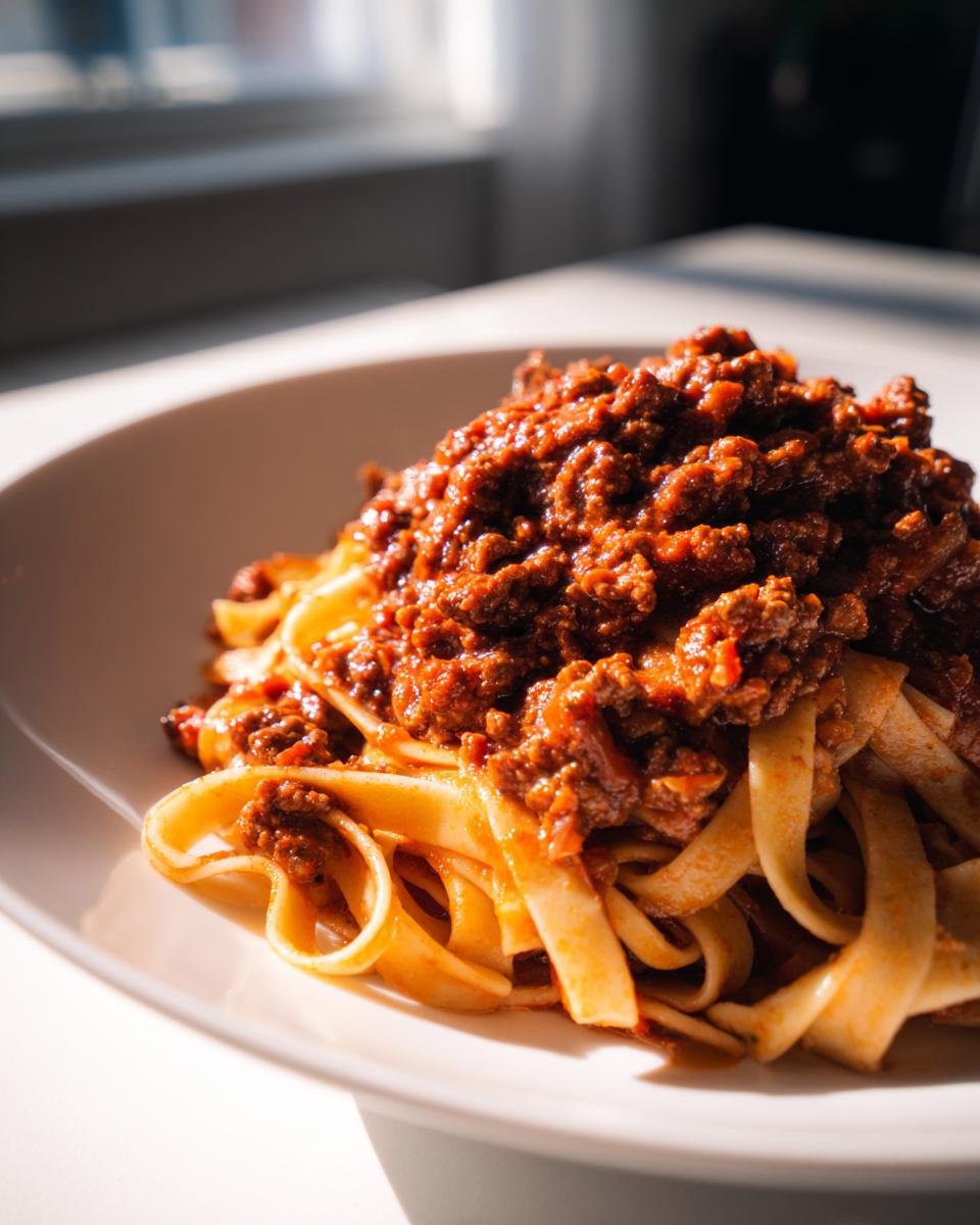 Close-up of rich, meaty bolognese sauce piled high on a serving of fresh tagliatelle pasta.