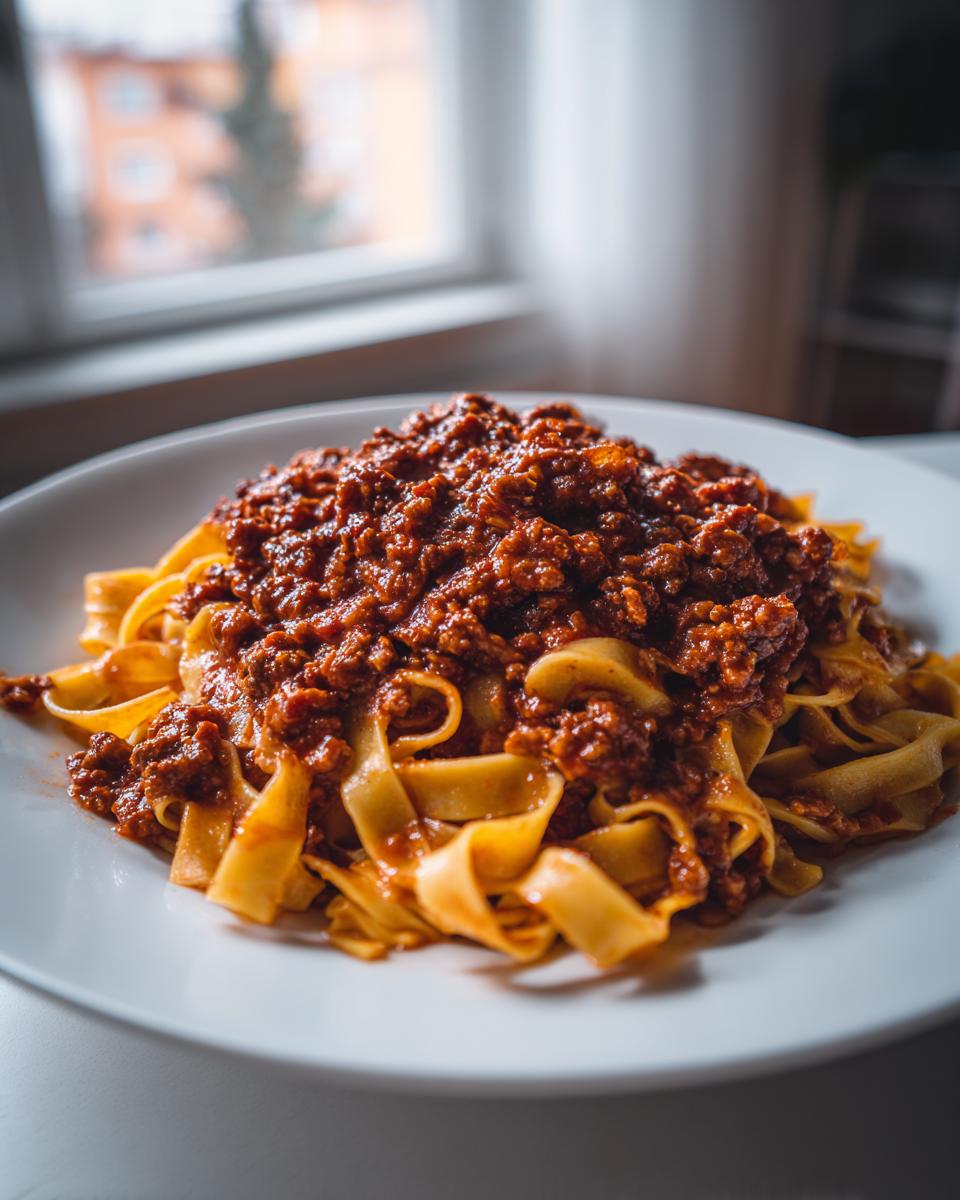 Close-up of wide egg noodles topped generously with rich, dark red bolognese sauce.