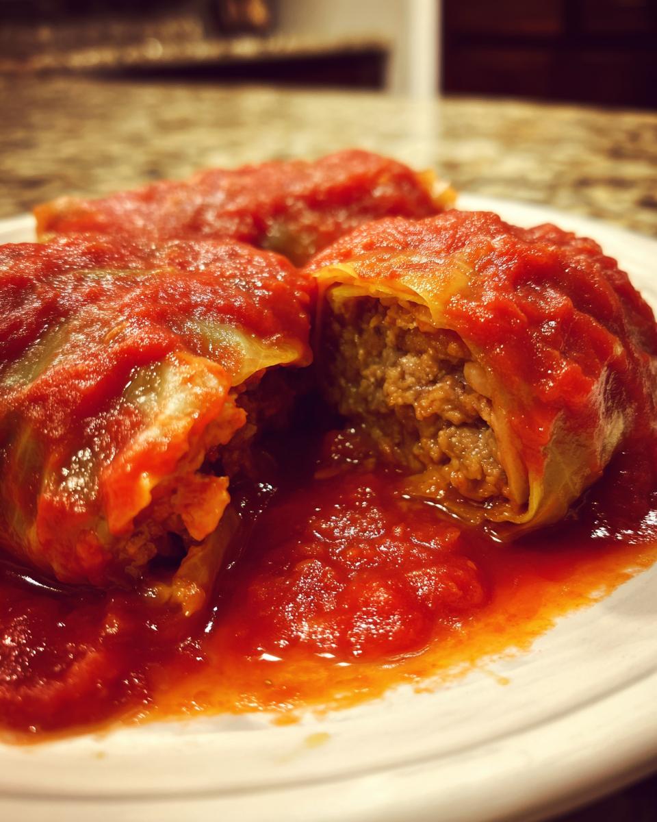Close-up of three homemade cabbage rolls smothered in rich tomato sauce, one cut open showing the meat filling.