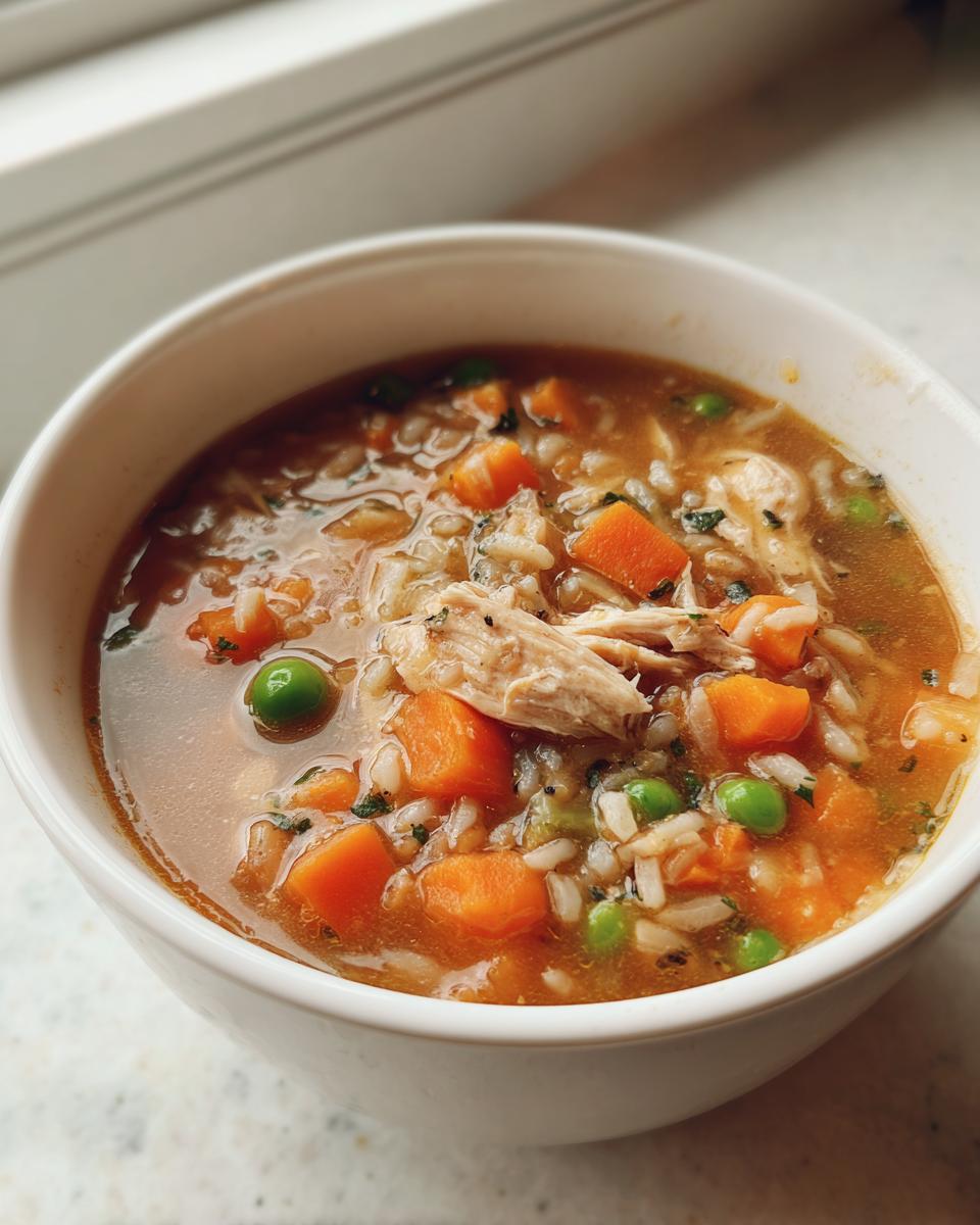 Close-up of a white bowl filled with rich turkey soup featuring shredded turkey, carrots, peas, and rice.