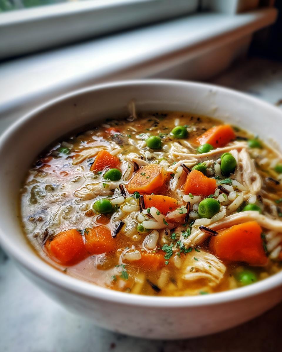 Close-up of a white bowl filled with rich turkey soup, featuring shredded turkey, wild rice, bright orange carrots, and green peas.