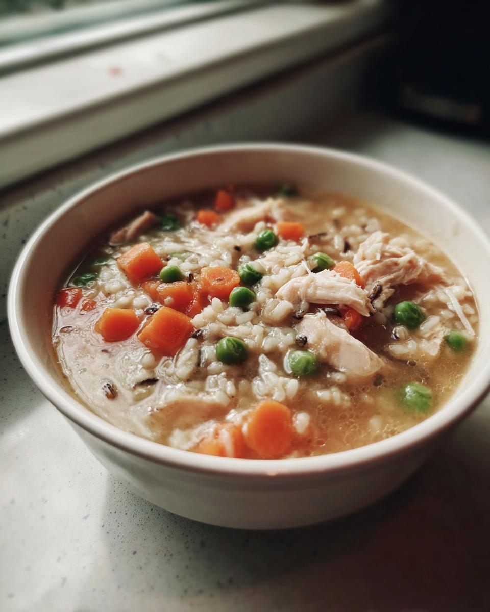 A close-up of a white bowl filled with rich turkey soup featuring shredded turkey, rice, bright orange carrots, and green peas.