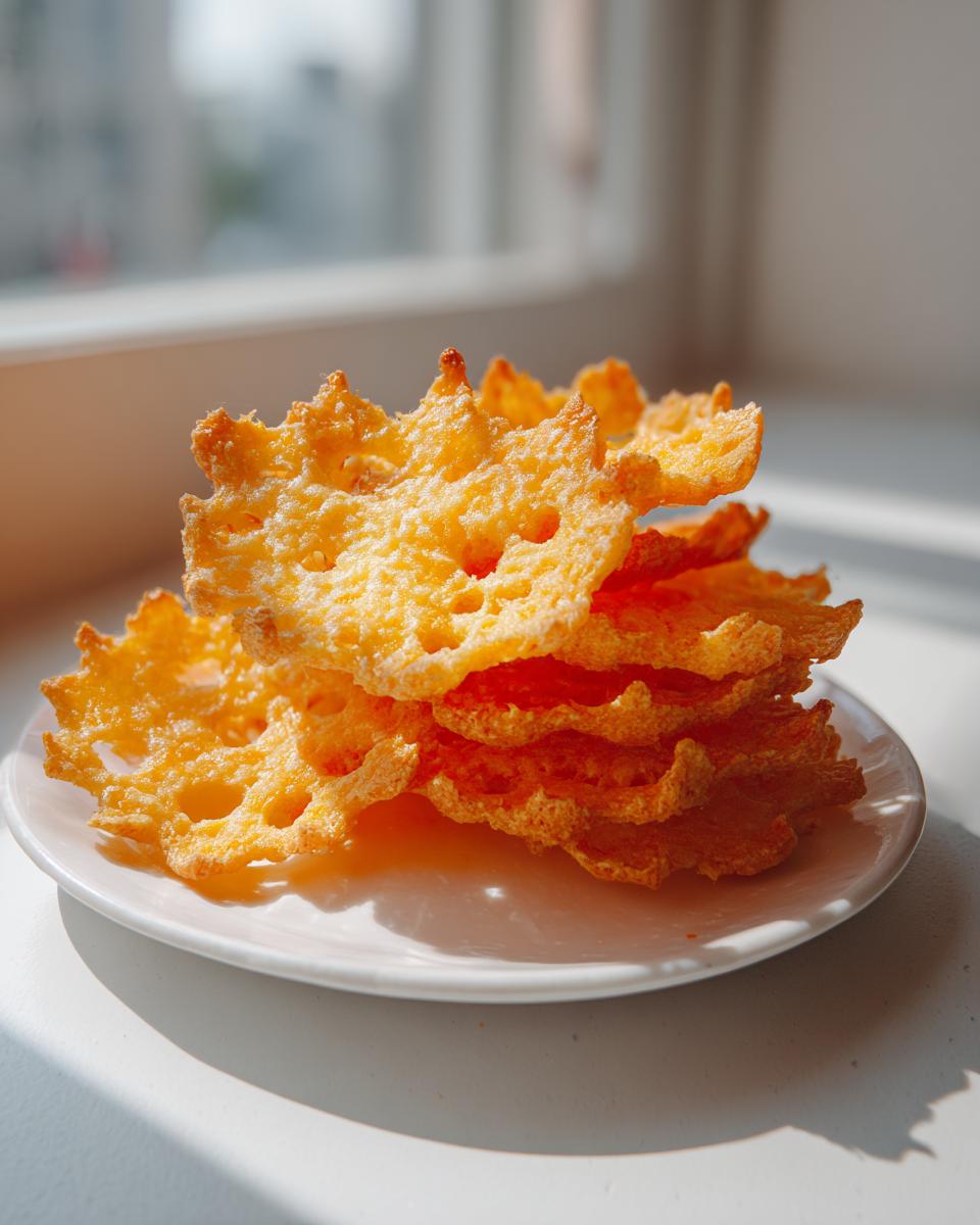 A stack of crispy, golden, homemade cheese crackers with lacy holes piled on a small white plate near a window.