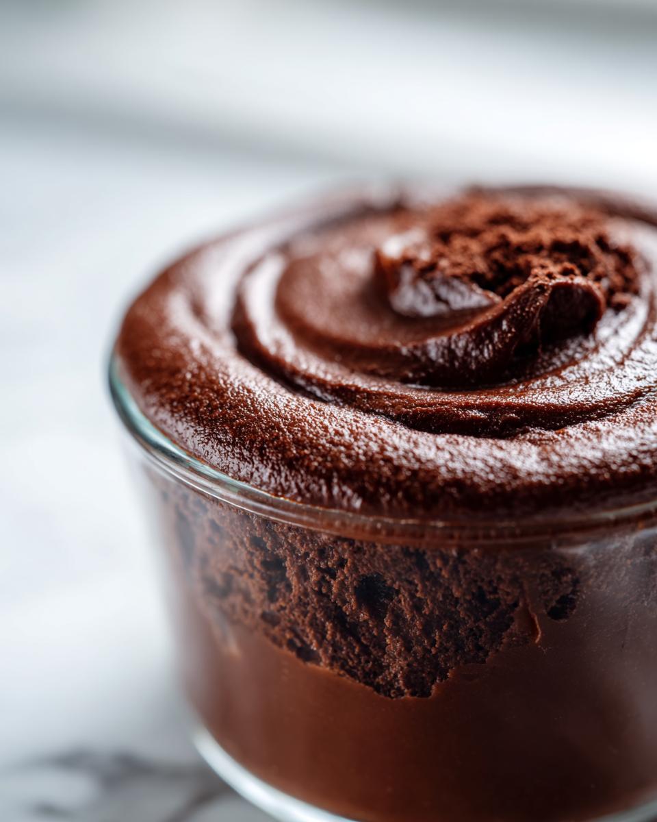 Close-up of rich, dark homemade chocolate pudding swirled in a small glass dish, topped with cocoa powder.