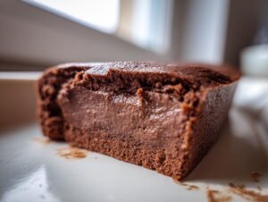 Close-up of a slice of rich, dark homemade chocolate pudding with a creamy center and cake-like base.