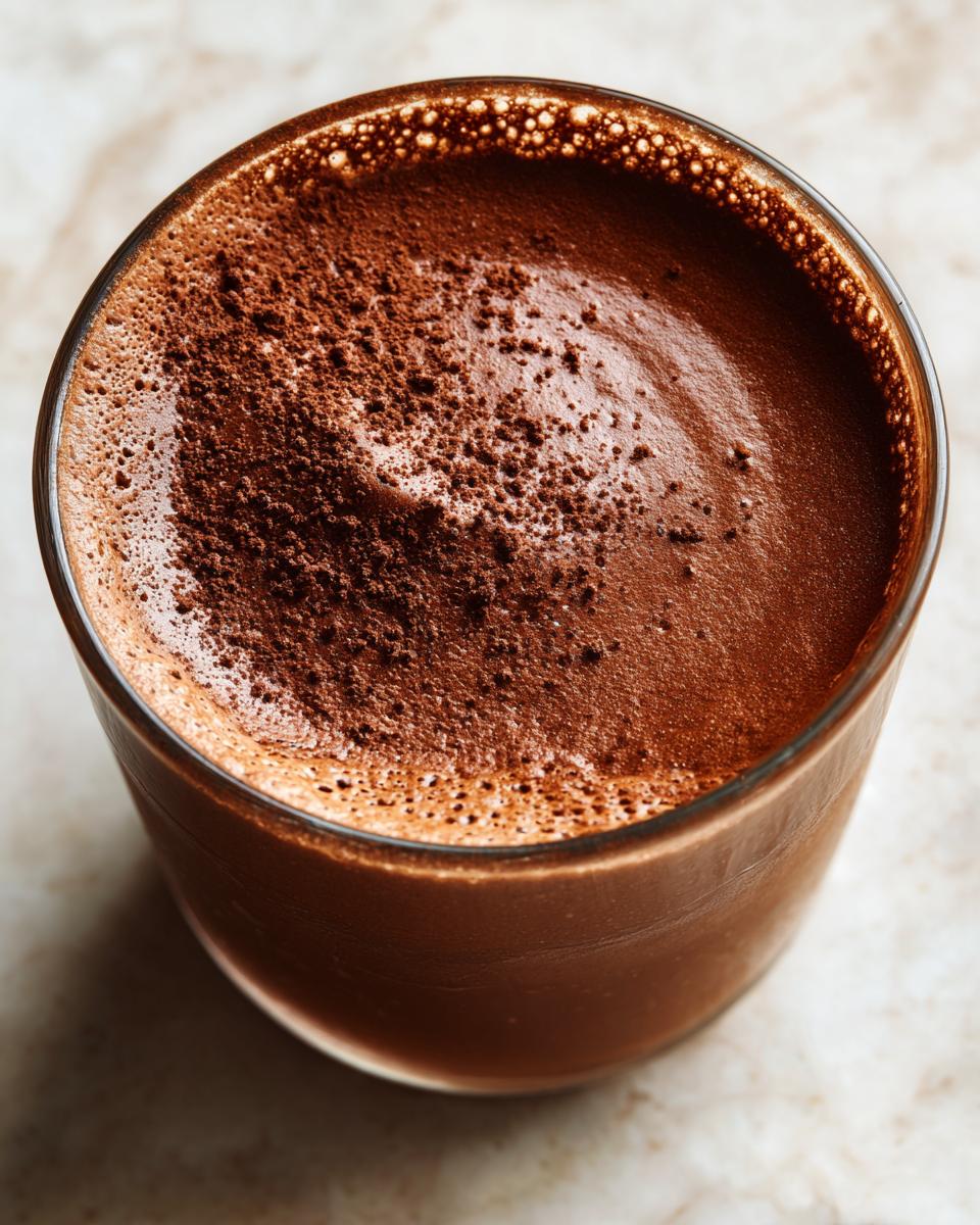 Overhead view of rich homemade chocolate pudding topped with cocoa powder in a clear glass.