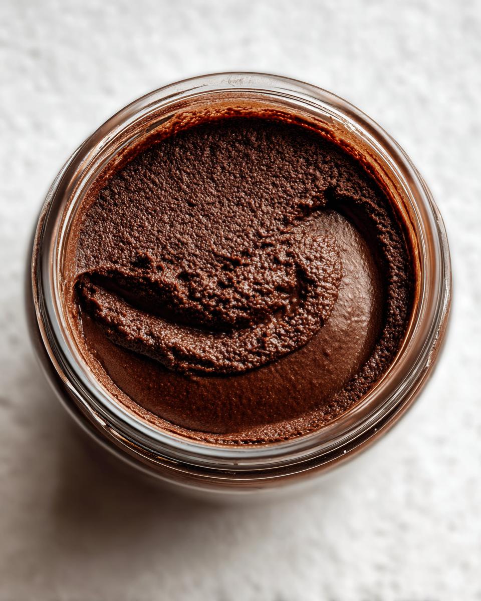 Overhead close-up of rich, dark homemade chocolate pudding texture inside a glass jar.