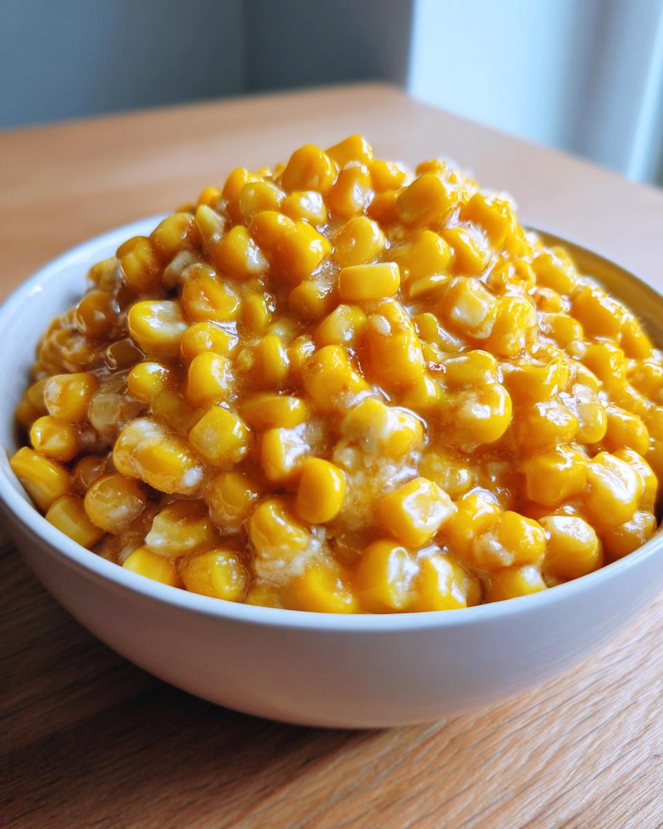 A white bowl filled with glossy, bright yellow honey butter corn kernels, served on a wooden table.