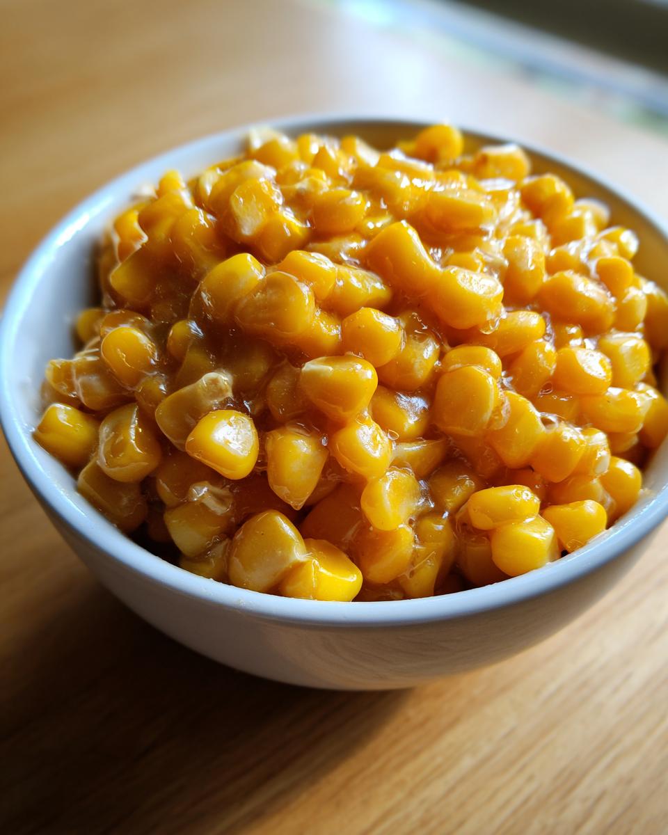 Close-up of a white bowl filled with glossy, bright yellow honey butter corn kernels.