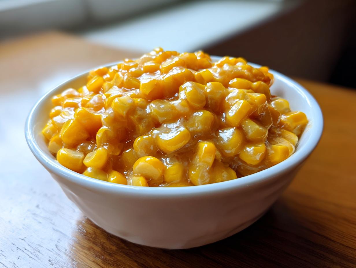 Close-up of a white bowl filled with glossy, bright yellow honey butter corn.